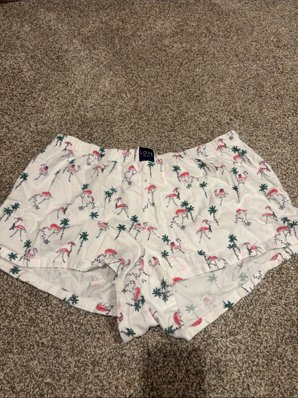 Love White Sleep Shorts with Pink Flamingo & Green Palm Print